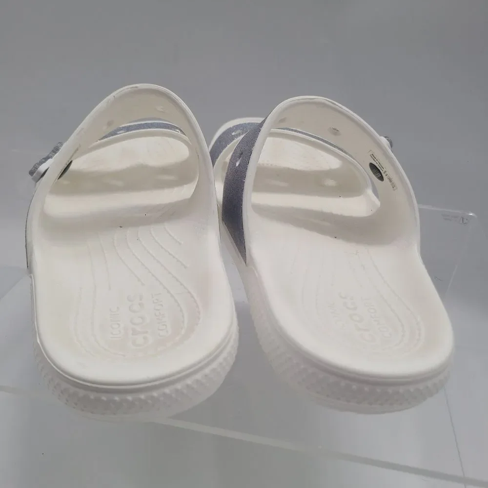 Crocs Classic Silver Glitter Wmn Sz 11 Men 9 Sandal White Double Strap Open Toe